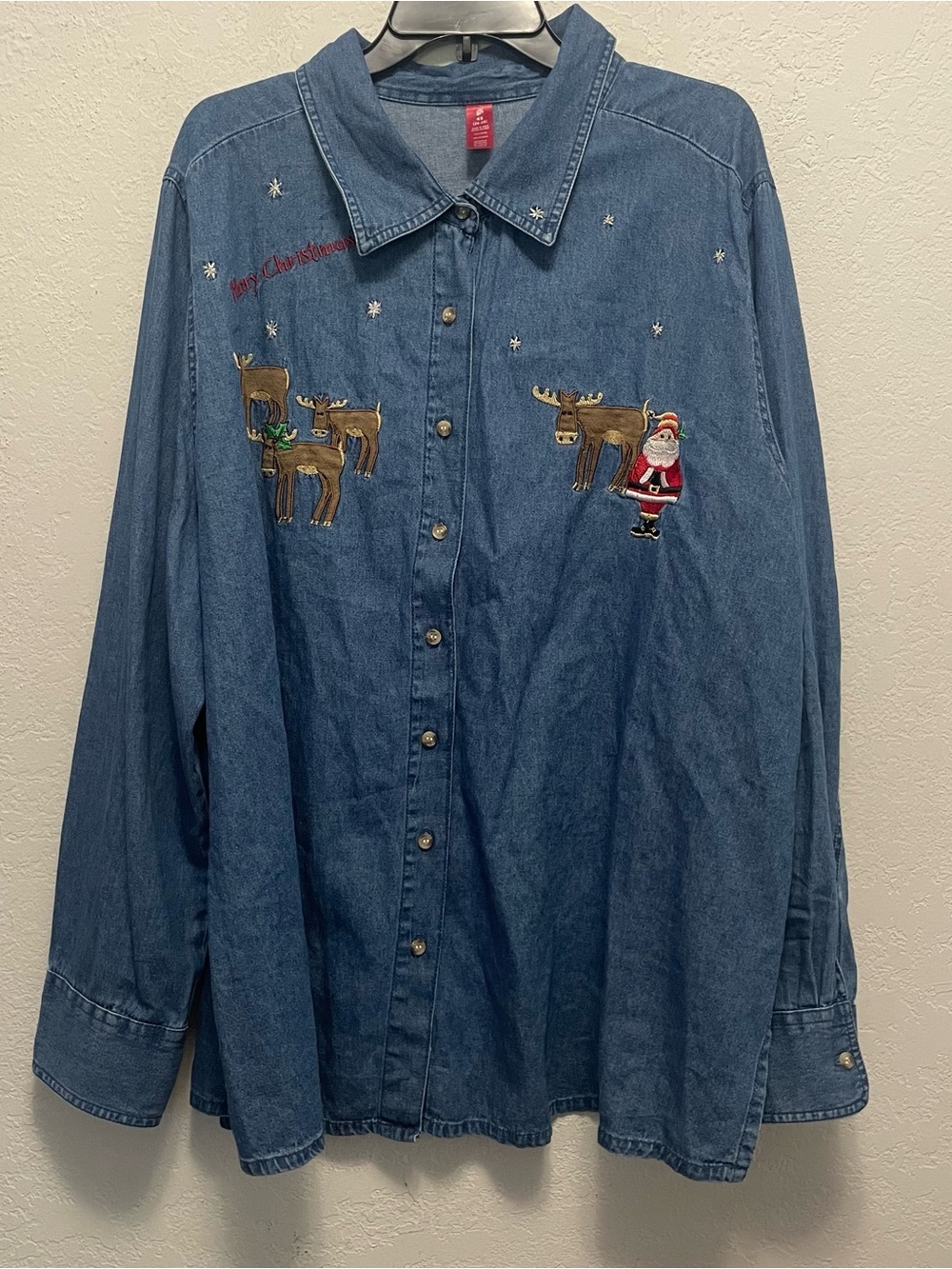 Denim Santa Reindeer Long Sleeve Button Up Shirt Christmas Holiday Women's 4X